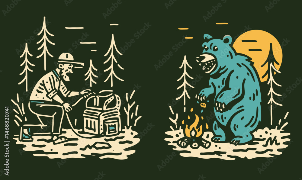 Hand-drawn Doodle of Man with Generator and Bear at Campfire Hand-drawn Doodle of Man with Generator and Bear at Campfire