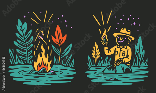 Colorful Doodle of Campfire and Person Sitting on Rock with Lantern