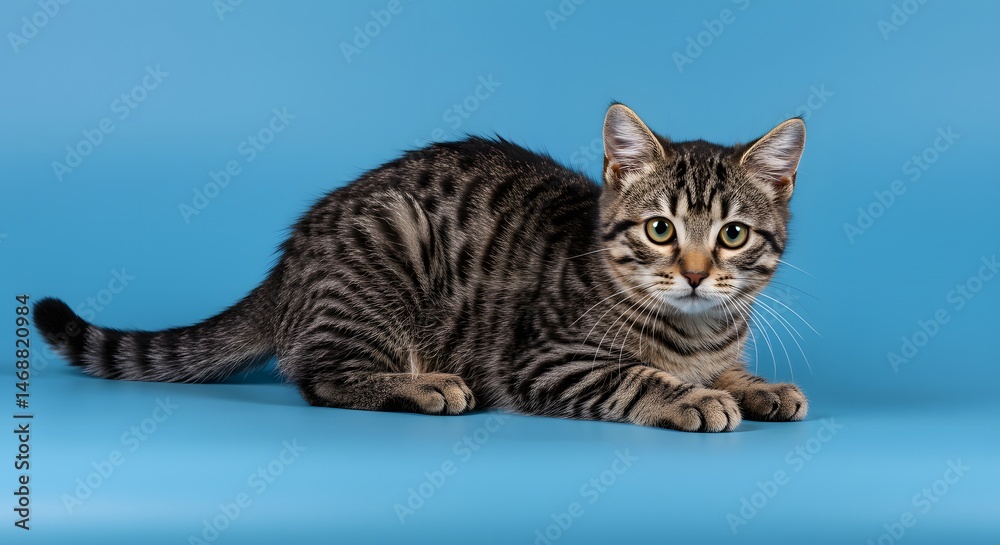 Obraz premium Tabby Cat Lying on Blue Background