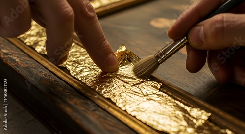 The Art of Gilding: A Craftsman's Hands Applying Gold Leaf to a Frame