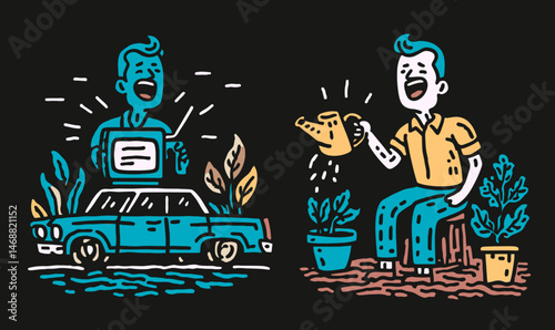 Engaging Doodle Art of Man with Computer, Car, and Plants