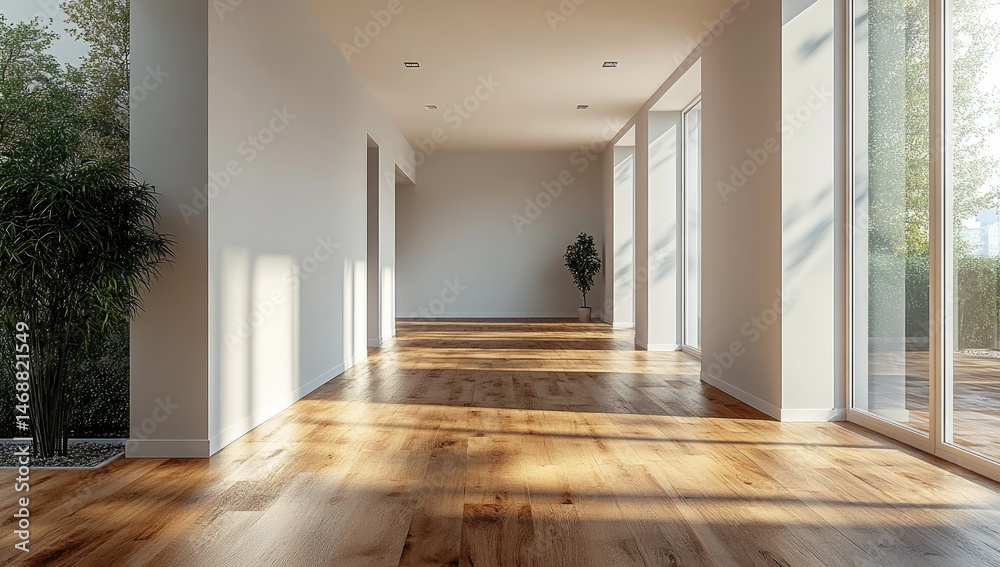 Fototapeta premium Empty modern hallway with hardwood floors and natural light.