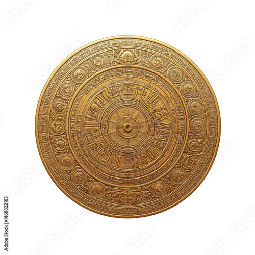 Intricate Golden Circular Ornament with Celestial and Symbolic Designs