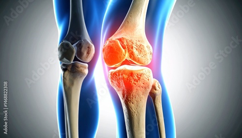 Cross-sectional anatomical image of damaged knee cartilage, with intra-articular inflammation highlighted in red