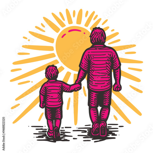 Hand-Drawn Illustration of Father and Son Walking Towards the Sun