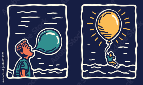 Creative Doodle of Child Blowing Bubble and Balloon Floating Away