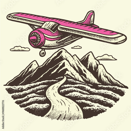 Hand-Drawn Vintage Airplane Flying Over Mountainous Landscape