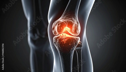 Cross-sectional anatomical image of damaged knee cartilage, with intra-articular inflammation highlighted in red