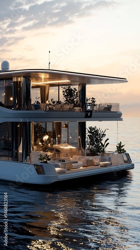 Luxury yacht sailing at sunset, showcasing modern architecture and serene nautical escape