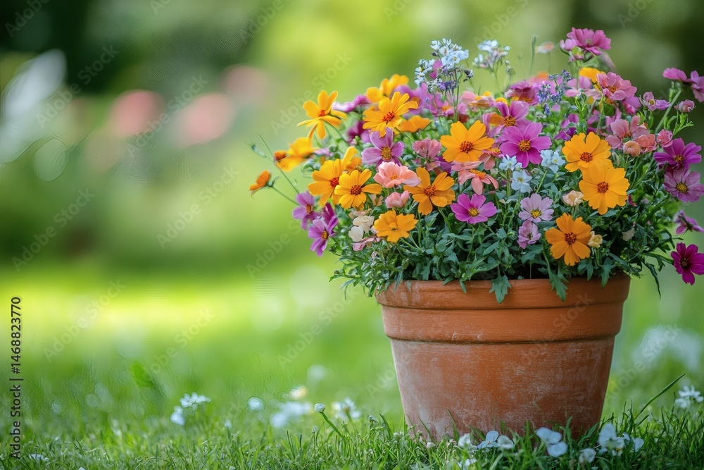 Naklejka premium Colorful flower arrangement in terracotta pot with lawn background evoking summer gardening and eco horticulture themes 
