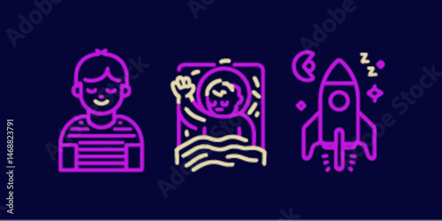 Monoline Flat Icon Set of Rest, Sleep, and Dream Concepts