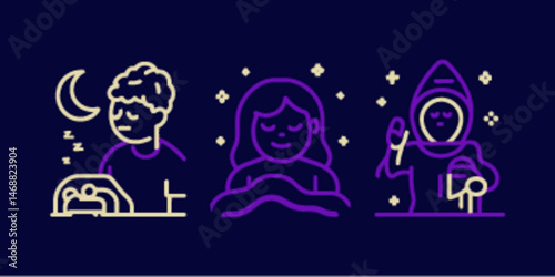 Monoline Flat Icons of Sleep, Rest, and Night Routine Activities