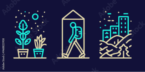 Monoline Style Flat Icons of Nature and Outdoor Adventure Scenes