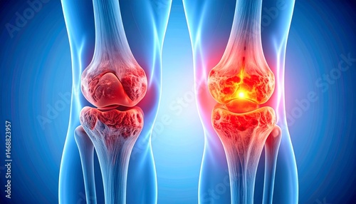 Cross-sectional anatomical image of damaged knee cartilage, with intra-articular inflammation highlighted in red