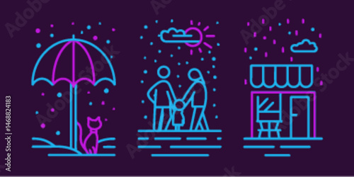 Vibrant Monoline Icons Depicting Rainy Day Scenes with Family and Pets