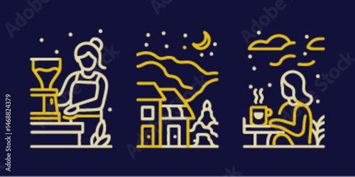Monoline Flat Icons of Coffee Brewing and Cozy Winter Scenes
