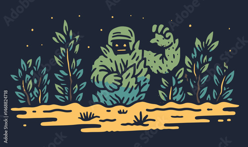 Hand-Drawn Doodle of a Bigfoot Character in a Forest Setting