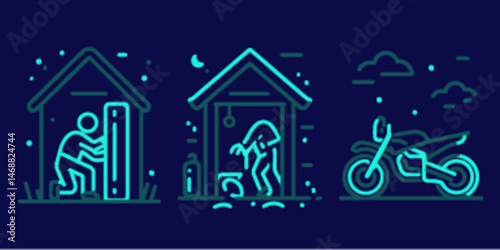 Creative Monoline Icons of Outdoor Activities and Motorbikes