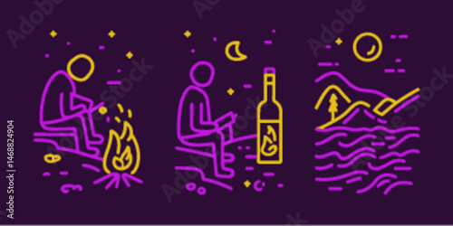 Monoline Icons of Camping, Relaxation, and Nature in Vibrant Colors