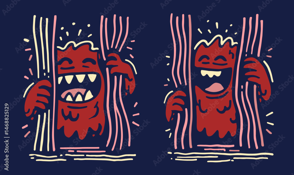 Obraz premium Playful Doodle of Happy Monster Peeking from Behind Curtains