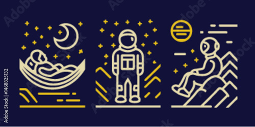 Astronaut Adventures in Space with Monoline Icons and Flat Design