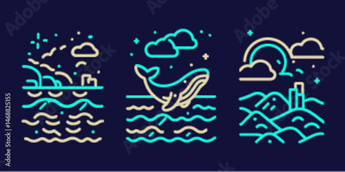 Monoline Style Illustration of Nature Scenes with Whale and Mountains