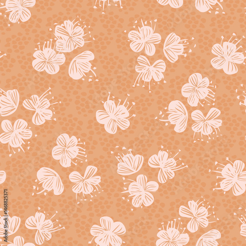 Wildflowers with stamens tossed around on a textured background forming a botanical pattern in colors of off white, peach and cream. Seamless vector pattern. Great for home decor, fabric, wallpaper.