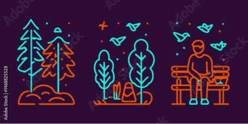 Monoline Flat Icon Set of Nature with Trees and a Person Sitting
