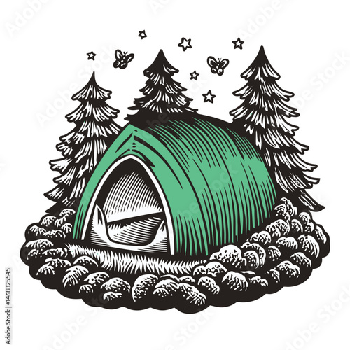 Hand Drawn Camping Tent Surrounded by Trees and Stars Illustration