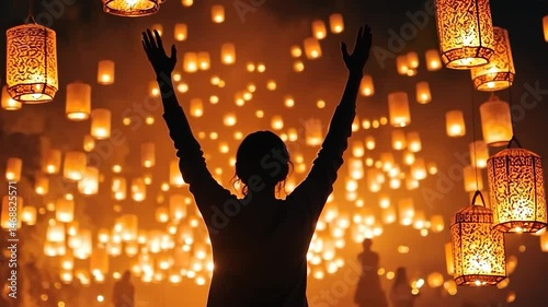 Silhouette of a person with hands raised, surrounded by glowing lanterns photo