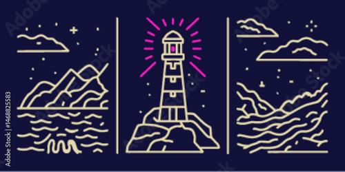 Monoline Flat Icon of a Lighthouse with Waves and Clouds Design