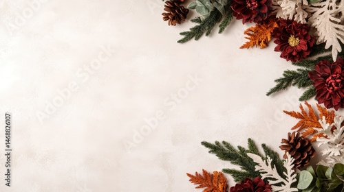 Festive Christmas border with pinecones, colorful flowers, evergreen branches, and autumn leaves arranged on a neutral background for holiday decoration