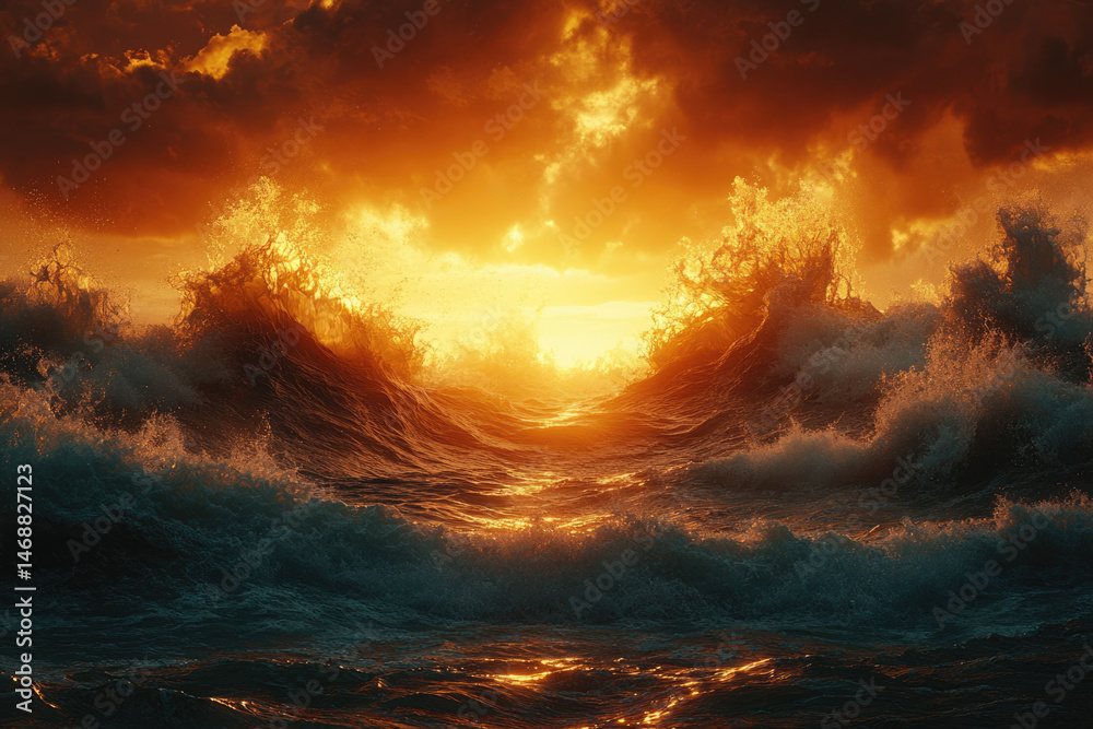 Obraz premium Golden Sunset Reflecting on Ocean Waves with Mist Rising