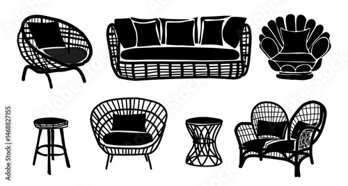 Set of black and white furniture designs, including outdoor, garden, patio chairs, couches, tables. Rattan furniture made of wicker and has modern, minimalist look. Hand drawn Vector icons isolated