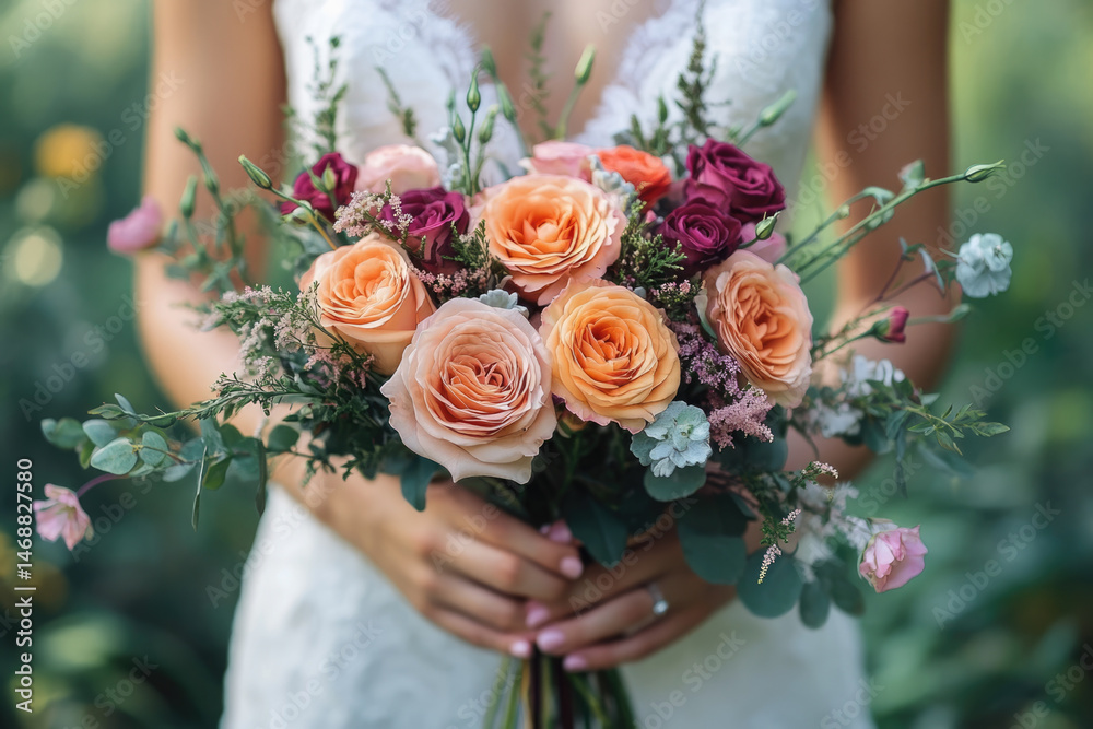 Naklejka premium Elegant Bride with a Bouquet of Roses in a Beautiful Garden