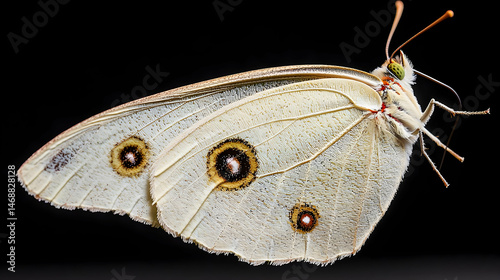 Close Up White Butterfly With Spots On Black Background