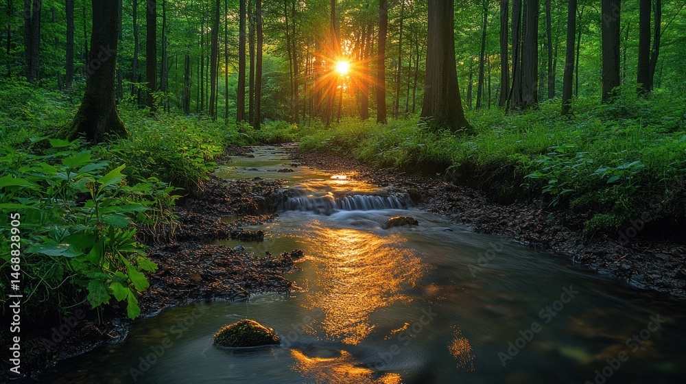 Obraz premium Golden Hour Serenity: A Forest Stream at Sunset