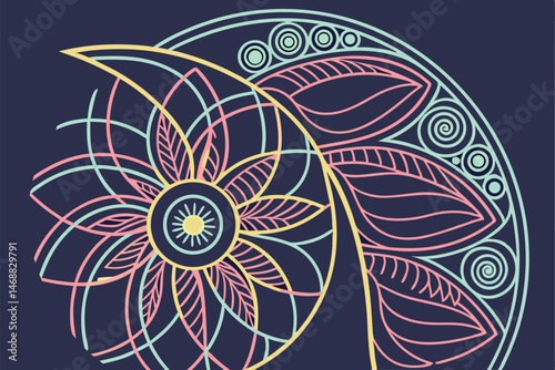 121 intricate geometric flower, radial symmetry, colorful concentric circles, spiraling patterns, vibrant gradient colors, neon-like luminous effect, dark background, digital artwork, abstract fractal