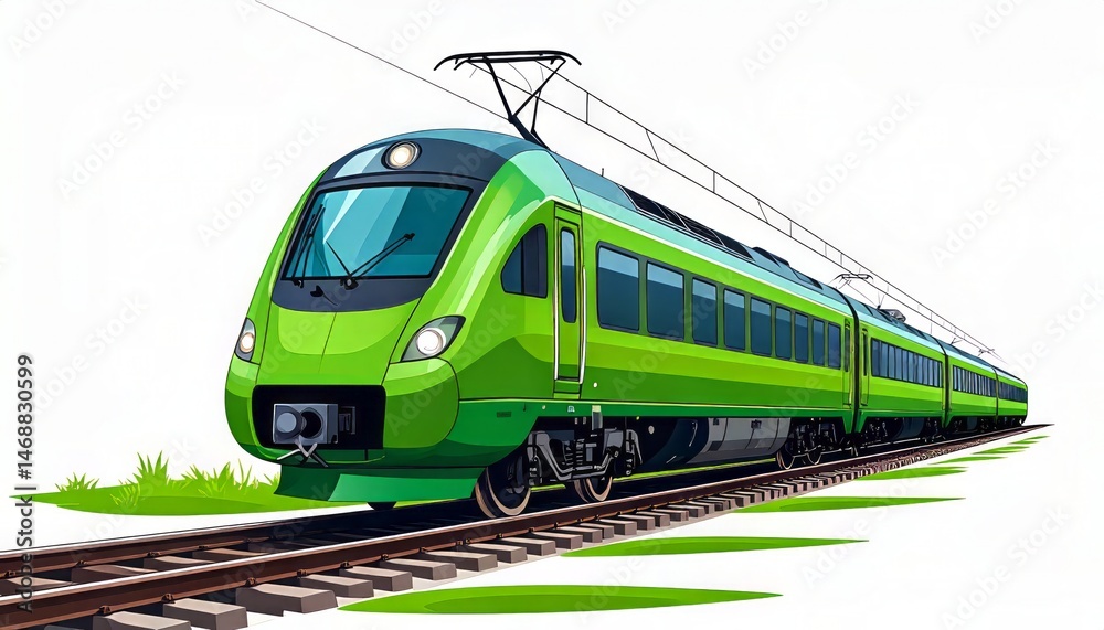 Fototapeta premium Sleek green high speed train traveling on tracks modern rail transport illustration