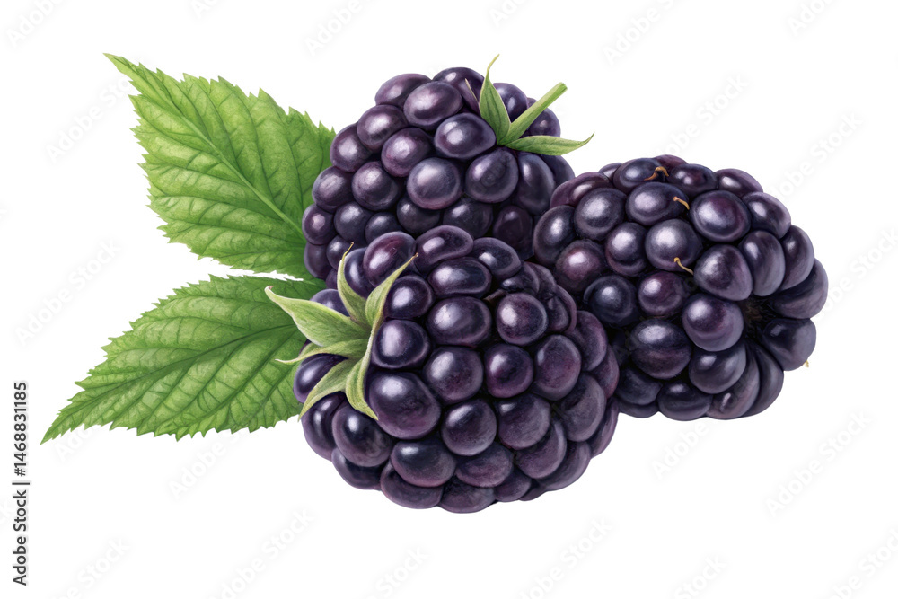 Fototapeta premium Fresh Blackberries with Green Leaves on a Transparent Background