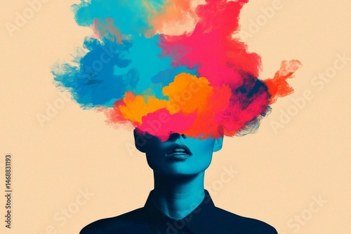 An imaginative depiction of a person's head generating colorful ideas.