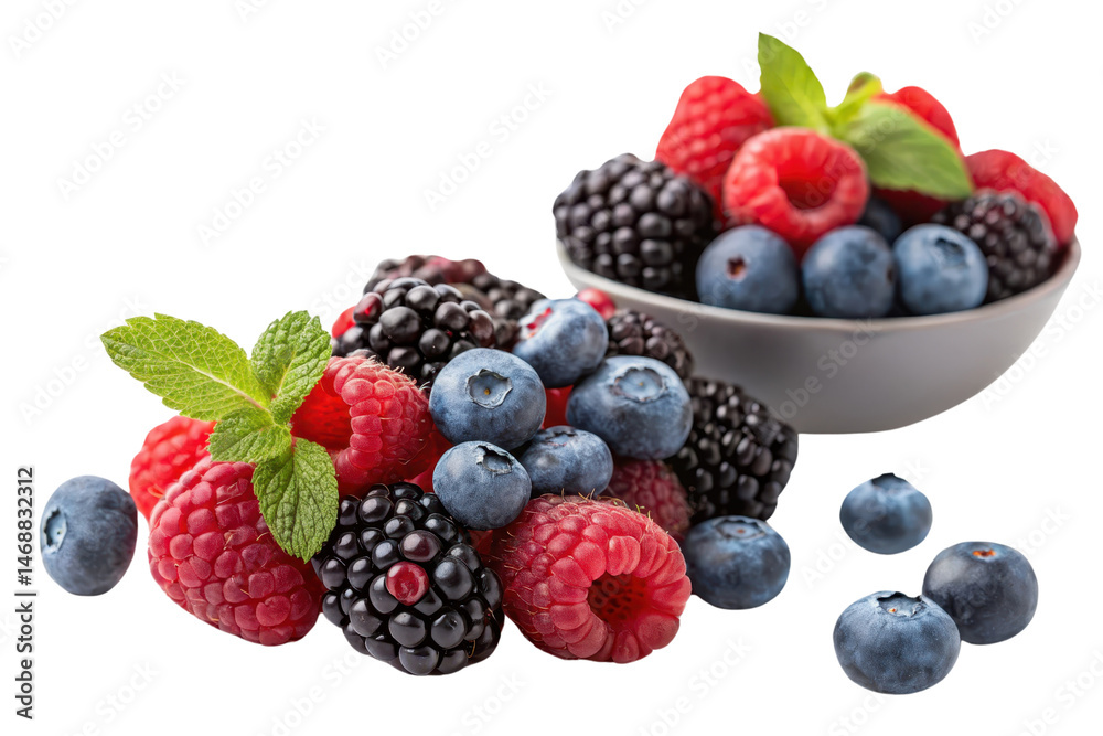 Fresh Assortment of Berries with Mint Leaves on a White Background Fresh Assortment of Berries with Mint Leaves on a White Background