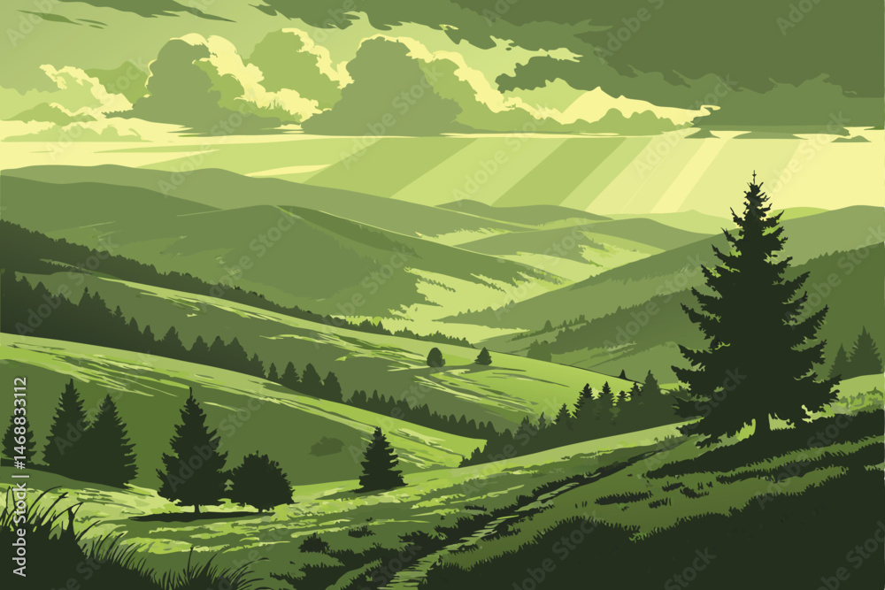 Fototapeta premium 123 stunning landscape, lush green hills and valleys, dramatic cloudy sky with sunbeams, majestic mountains in the distance, pine trees in the foreground, atmospheric lighting, vibrant colors, digital