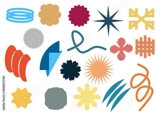 Big collection of 10+ abstract geometric shapes. Colorful modern brutal forms and figures on black background. Swiss design aesthetic. Decorative design elements.