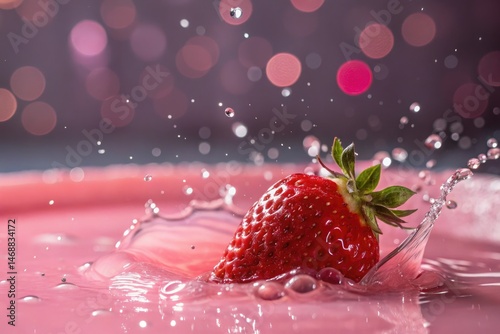 Fresh Strawberry Splashes Into Pink Water Creating Ripples Generative AI