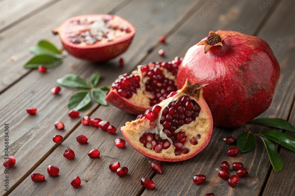Fresh Red Pomegranate Fruit With Seeds on Wooden Table Generative AI
