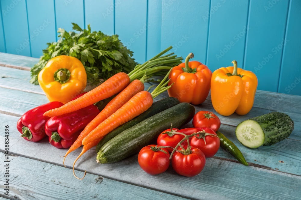 Fresh Vegetables Are Artfully Arranged on a Rustic Wooden Tabletop