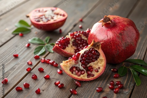 Obraz na płótnie Fresh Red Pomegranate Fruit With Seeds on Wooden Table Generative AI w salonie