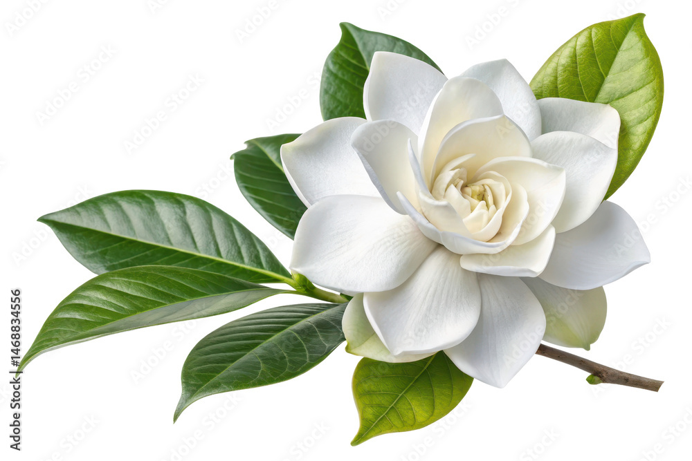 Fototapeta premium Fresh and Elegant White Flower with Green Leaves Close Up