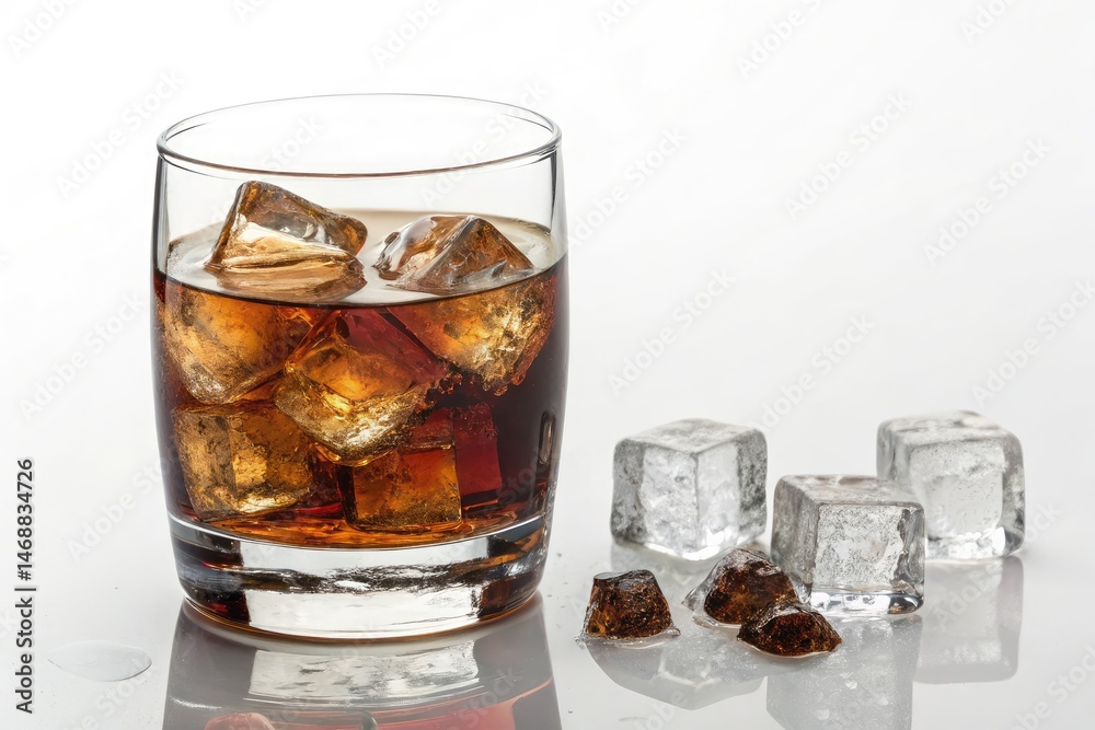 Refreshing Rum With Ice Cubes on a White Background Generative AI